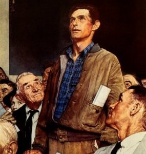 screenshot of the painting of a man standing up in an assembly speaking his part